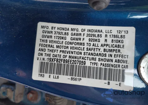 2014 Honda Civic Ex from USA, damaged, VIN 19XFB2F89EE207059